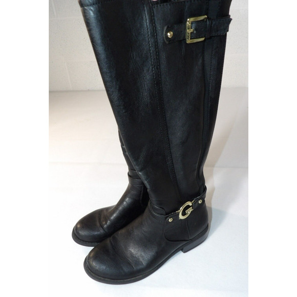 G by Guess Womens Tall Black Riding Boots 7M Faux Leather Logo Buckle Zip Moto - Picture 1 of 16